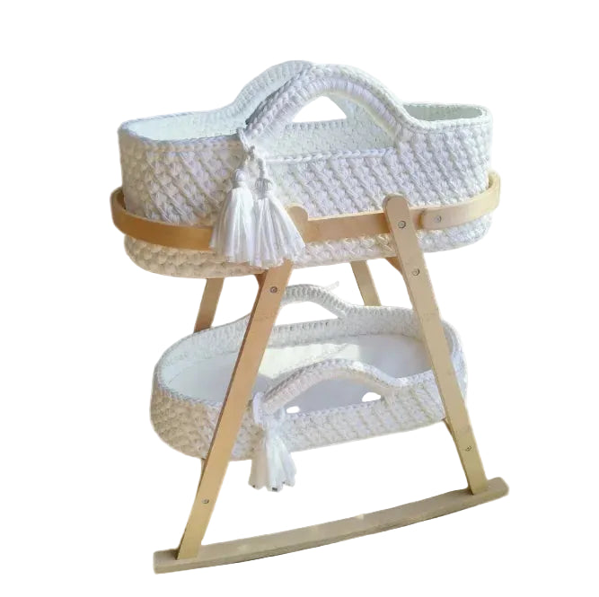 Luxury Baby Cradle Handwoven Crochet Bassinet Portable Moses Basket Newborn Lounger with Wooden Stand and Soft Mattress