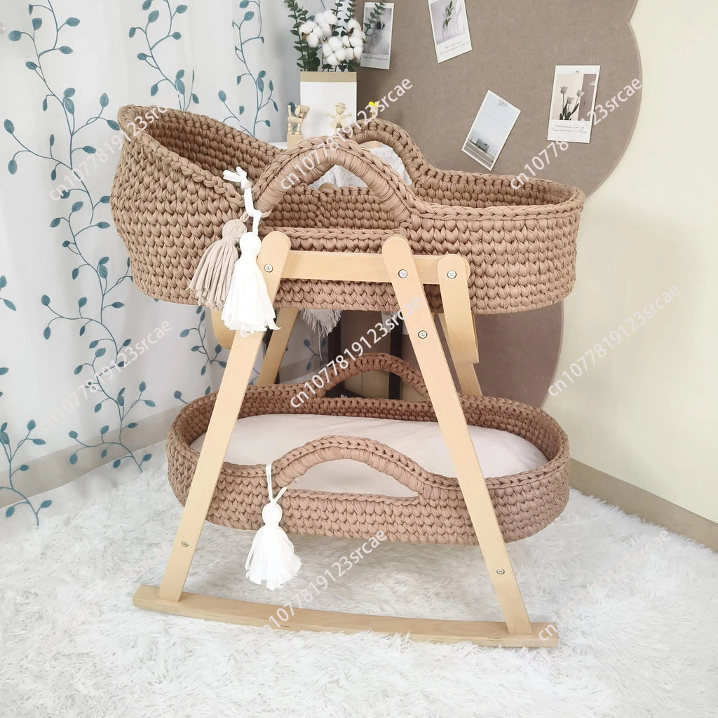 Baby Cradle Handwoven Beige Crochet Bassinet Portable Moses Basket Newborn Lounger with Wooden Stand and Soft Mattress