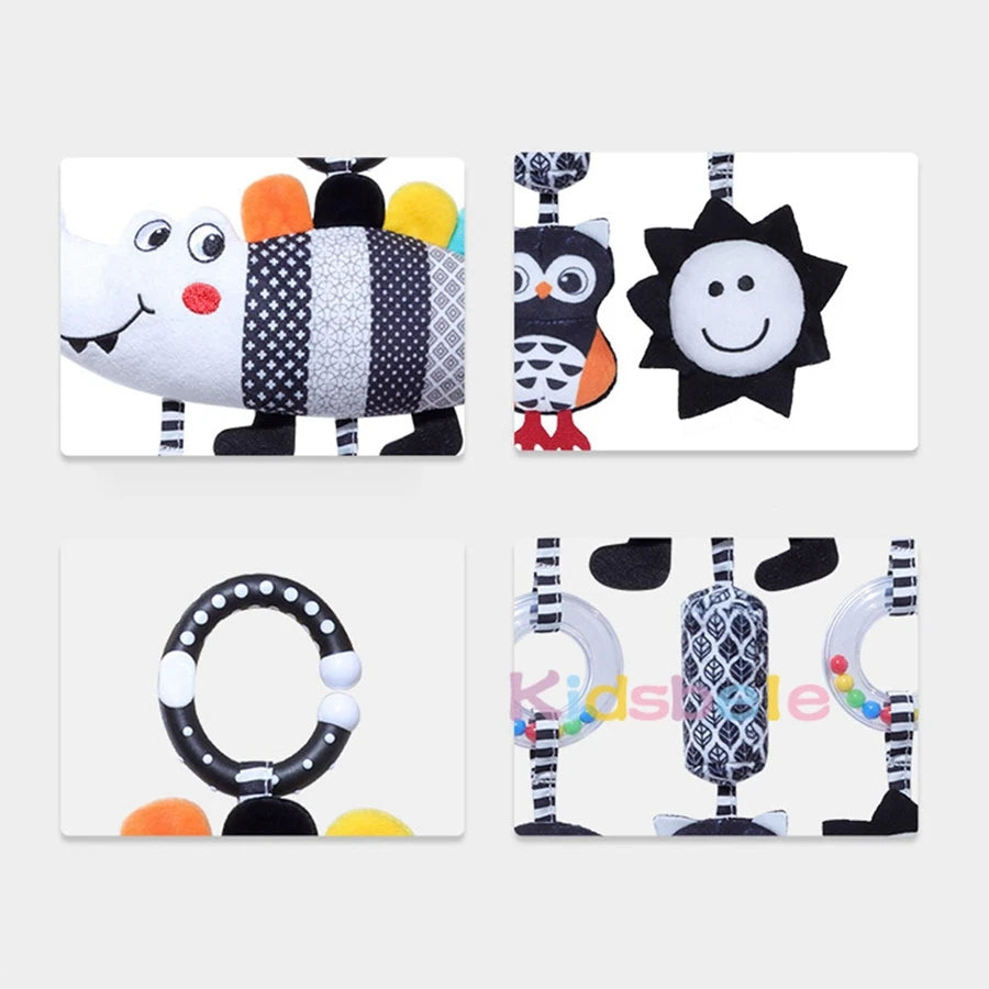 Baby Stroller Spiral with Rattle Crinkle Black White High Contrast Infant Hanging Toy for Car Seat Crib Rail Sensory Development
