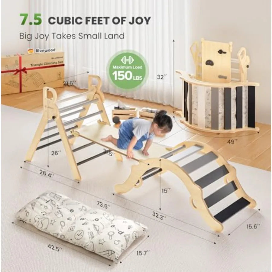 Pikler Triangle Set with Cushion 8-in-1 Climbing Toys for Toddlers Montessori Philosophy Play Jungle Gym with Arch Ramp Ladder