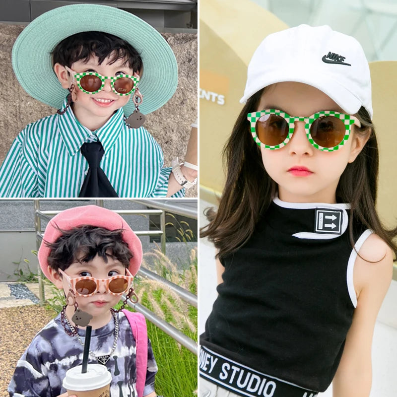New Kids Cute Checker Panel Color Round UV400 Eyeglasses Baby Girls Outdoor Sun Protection Sunglasses Children Glasses