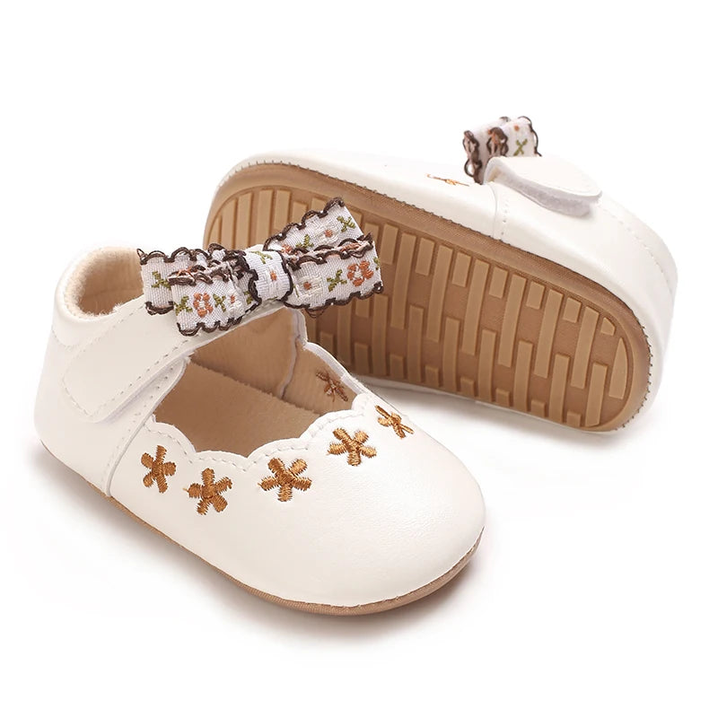 VALEN SINA 0-18 Months Newborn Girl White Shoes With Bow Non-slip Rubber Soft-Sole Flat PU First Walker Mary Janes