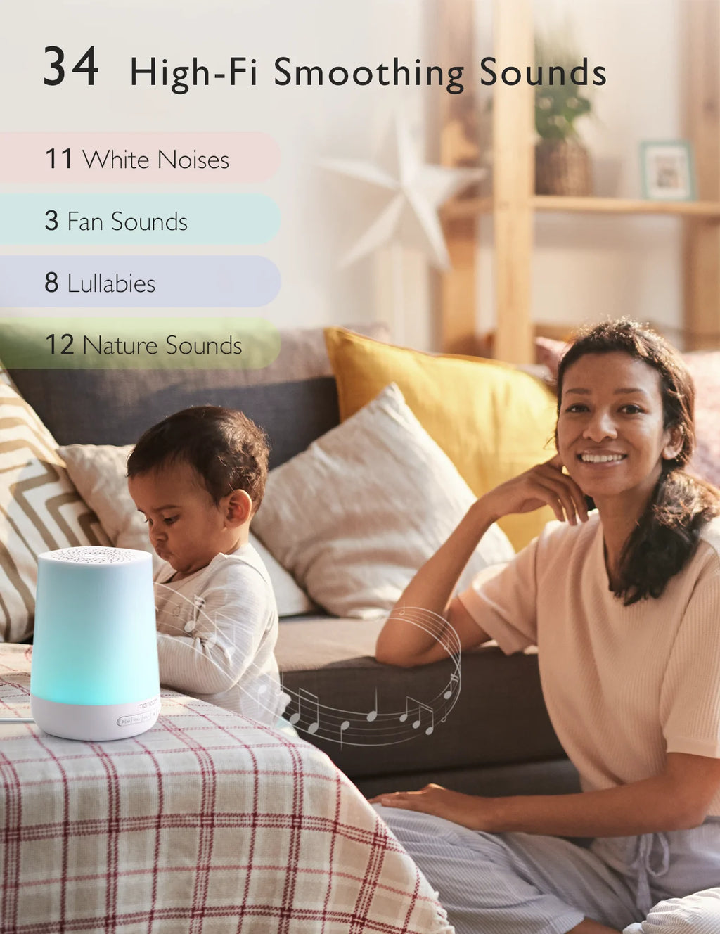 Momcozy Baby White Noise Sound Machine for Baby Sleeping, Night Light, 34 Soothing Sounds, Timer, App Remote Control,Alarm Clock