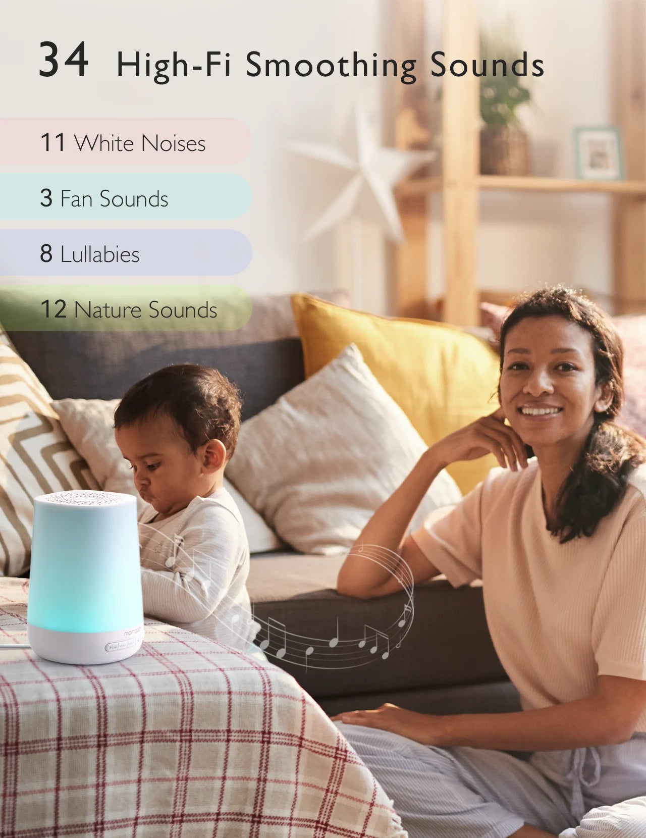 Momcozy Baby White Noise Sound Machine for Baby Sleeping, Night Light, 34 Soothing Sounds, Timer, App Remote Control,Alarm Clock