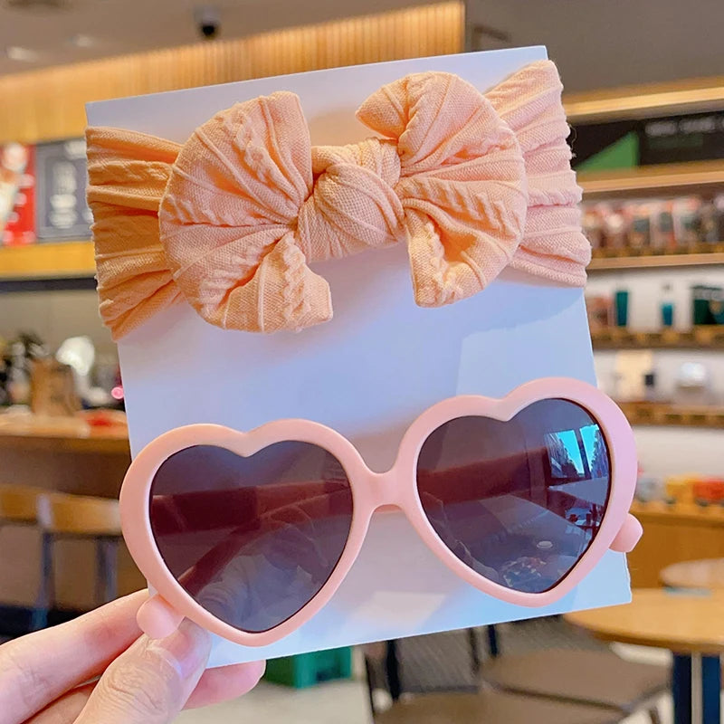 2 Pcs/Set Heart Circle Edge UV400 Sunglasses Cute Colorful Soft Bowknot Wide Hairbands Headwear Set Lovely Kids Hair Accessories