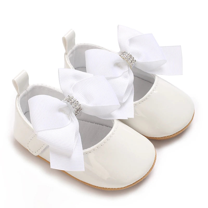 VALEN SINA 0-18 Months Newborn Girl White Shoes With Bow Non-slip Rubber Soft-Sole Flat PU First Walker Mary Janes