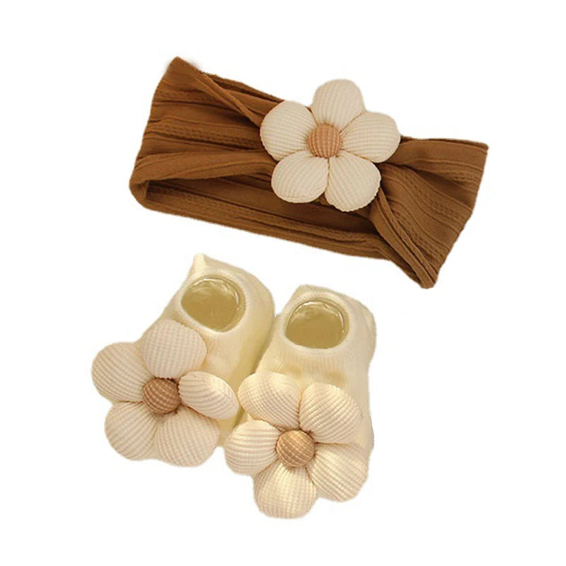 2Pcs/Set Flower Baby Girl Headband Socks Set Infant Soft Nylon Hair Band Newborn Boat Socks Sweet Princess Baby Hair Accessories
