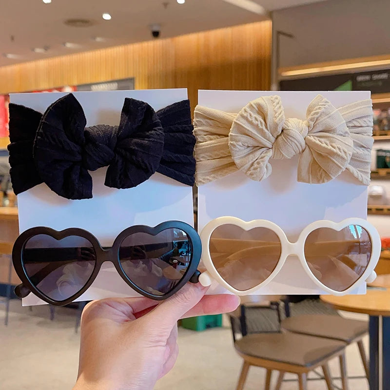 2 Pcs/Set Heart Circle Edge UV400 Sunglasses Cute Colorful Soft Bowknot Wide Hairbands Headwear Set Lovely Kids Hair Accessories