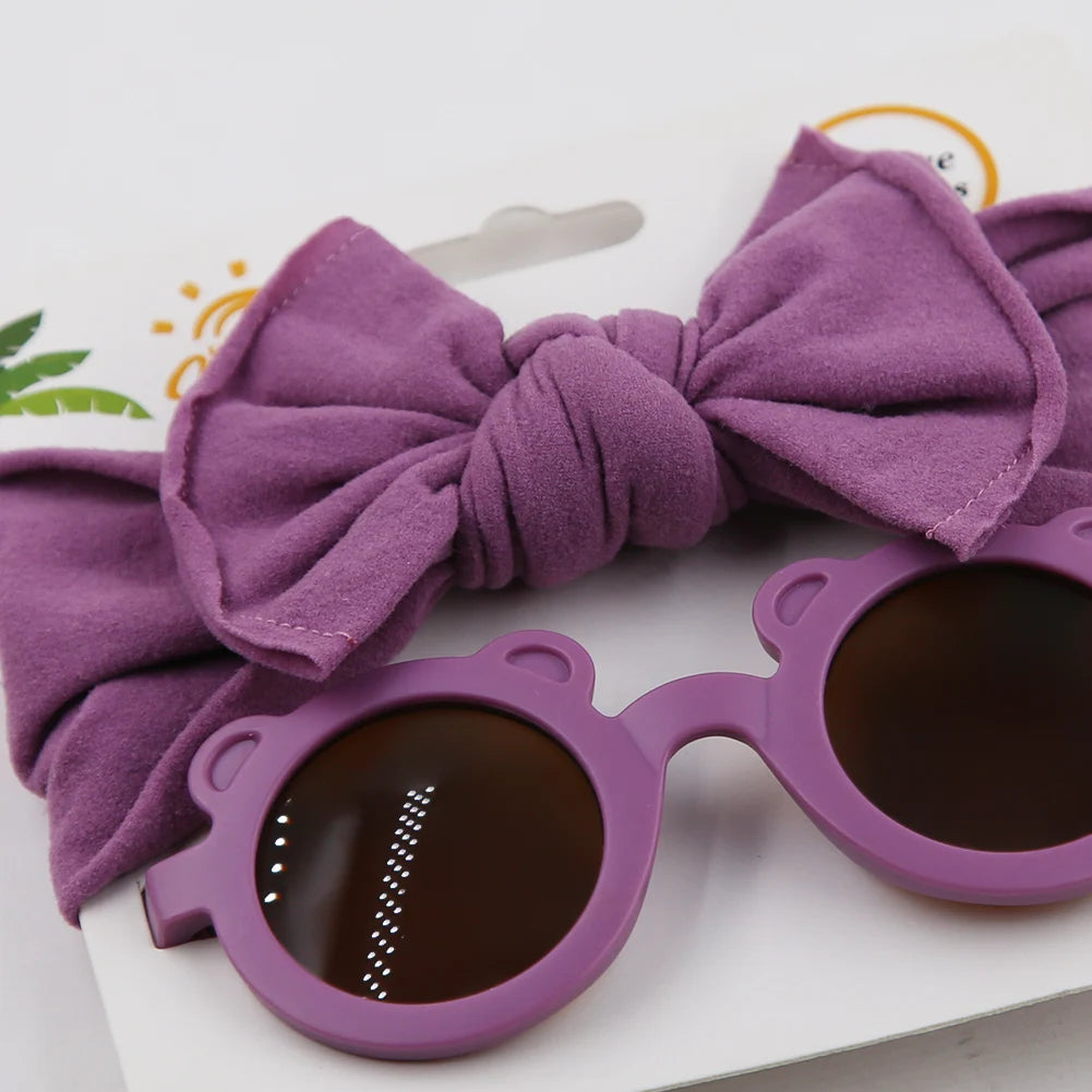 2Pcs/Set Bear Baby Sunglasses High Elastic Nylon Bow Headbands Color Round Frame Polarized Sun Protection Glasses Kids Eyewear
