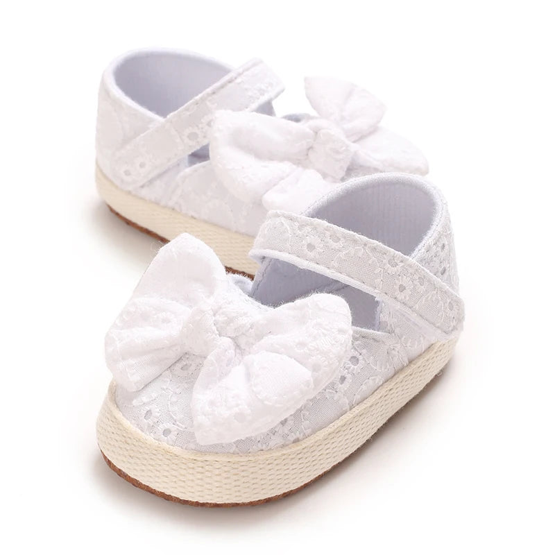 VALEN SINA 0-18 Months Newborn Girl White Shoes With Bow Non-slip Rubber Soft-Sole Flat PU First Walker Mary Janes
