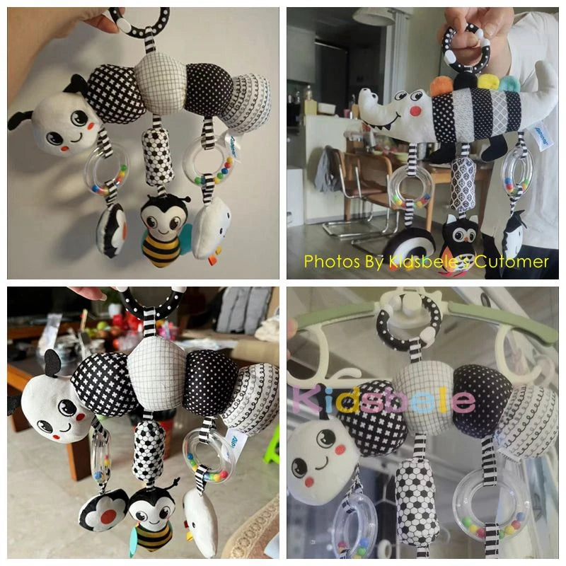Baby Stroller Spiral with Rattle Crinkle Black White High Contrast Infant Hanging Toy for Car Seat Crib Rail Sensory Development