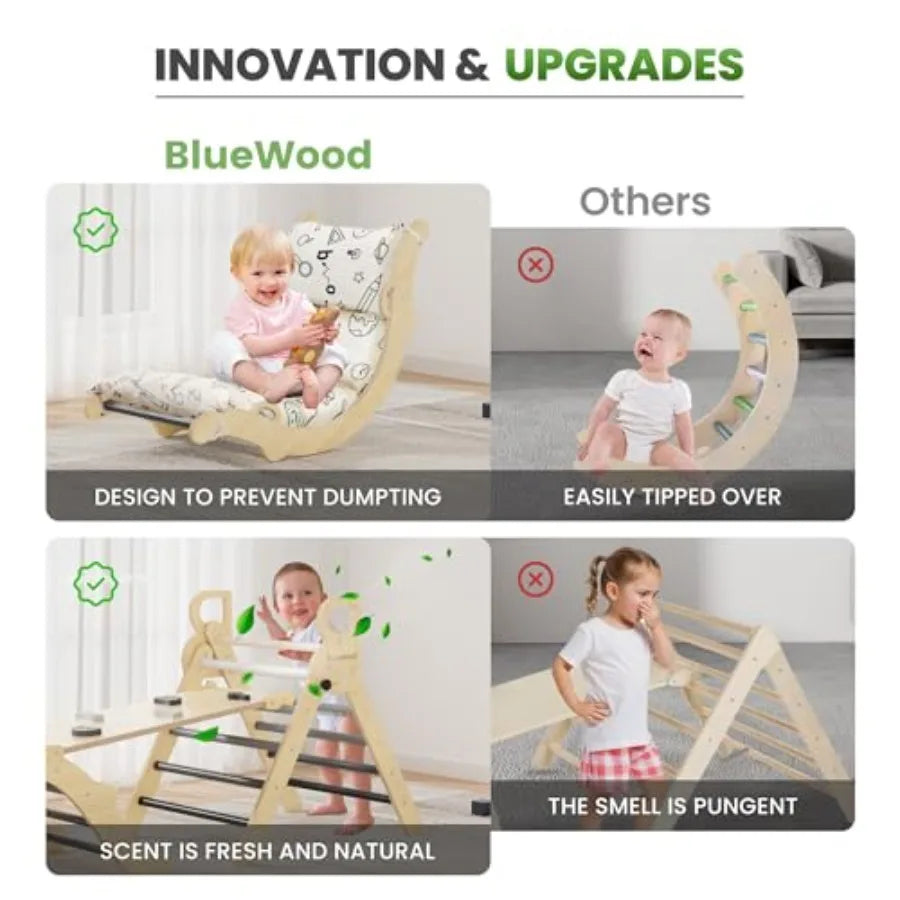 Pikler Triangle Set with Cushion 8-in-1 Climbing Toys for Toddlers Montessori Philosophy Play Jungle Gym with Arch Ramp Ladder
