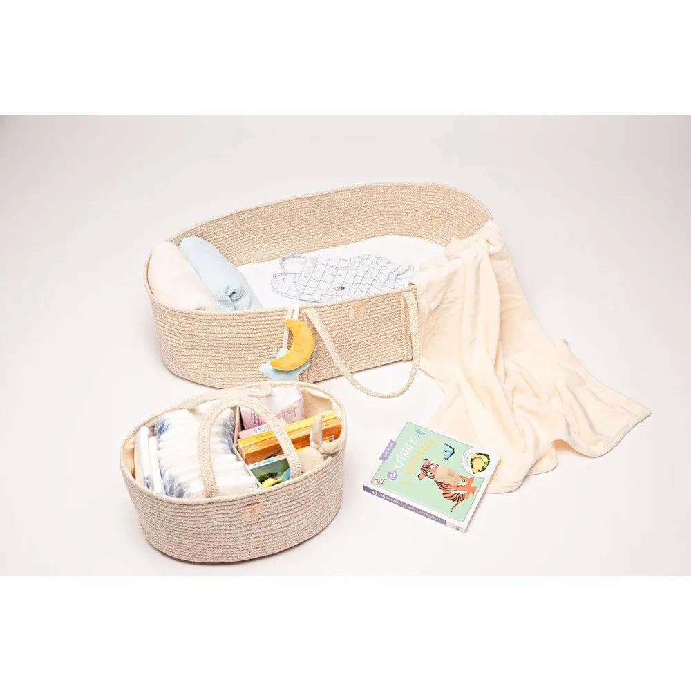 Trendy Baby Changing Basket Set 4 Pcs with Waterproof Pad Cover Diaper Organizer Cotton Blanket Moses Basket Nursery Decor