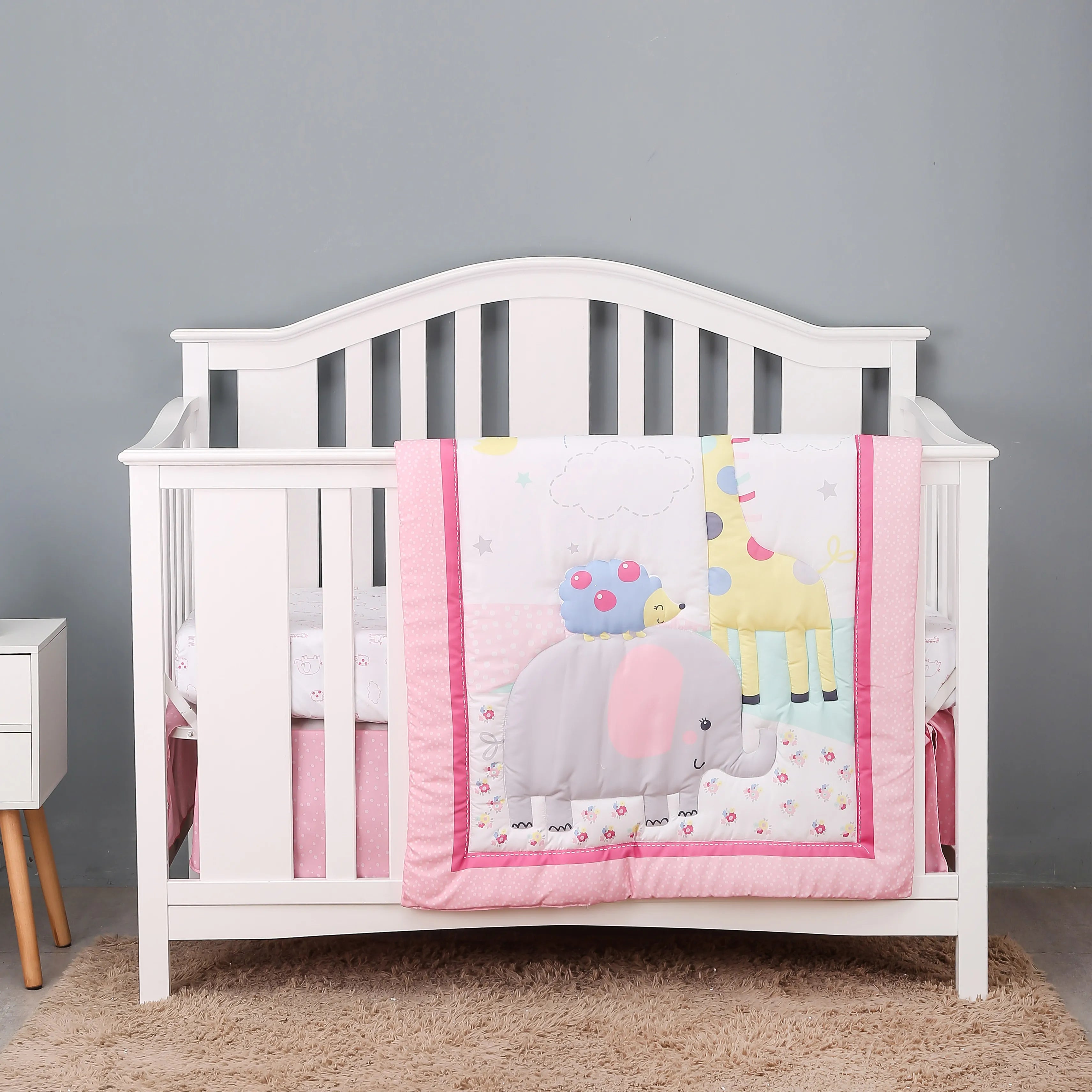 3pcs micro fiber brushed Baby Crib Bedding Set swan and flower design for Girls hot sale including quilt, crib sheet, crib skirt
