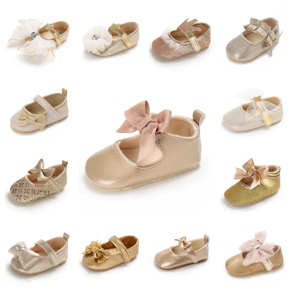 Golden 0-18M Baby Girl Shoes Cute Bow Flat Shoes Soft Sole Newborn Princess Walker Sandals Formal Baby Shoes