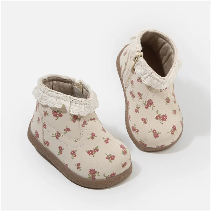 Autumn Baby Boots Leather Cute Flower Lace Princess Girls Shoes Kids Ankle Boots Fashion Toddler Baby Boots