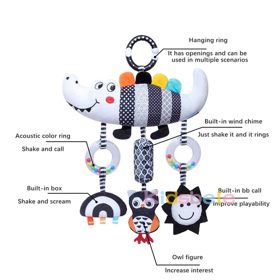 Baby Stroller Spiral with Rattle Crinkle Black White High Contrast Infant Hanging Toy for Car Seat Crib Rail Sensory Development