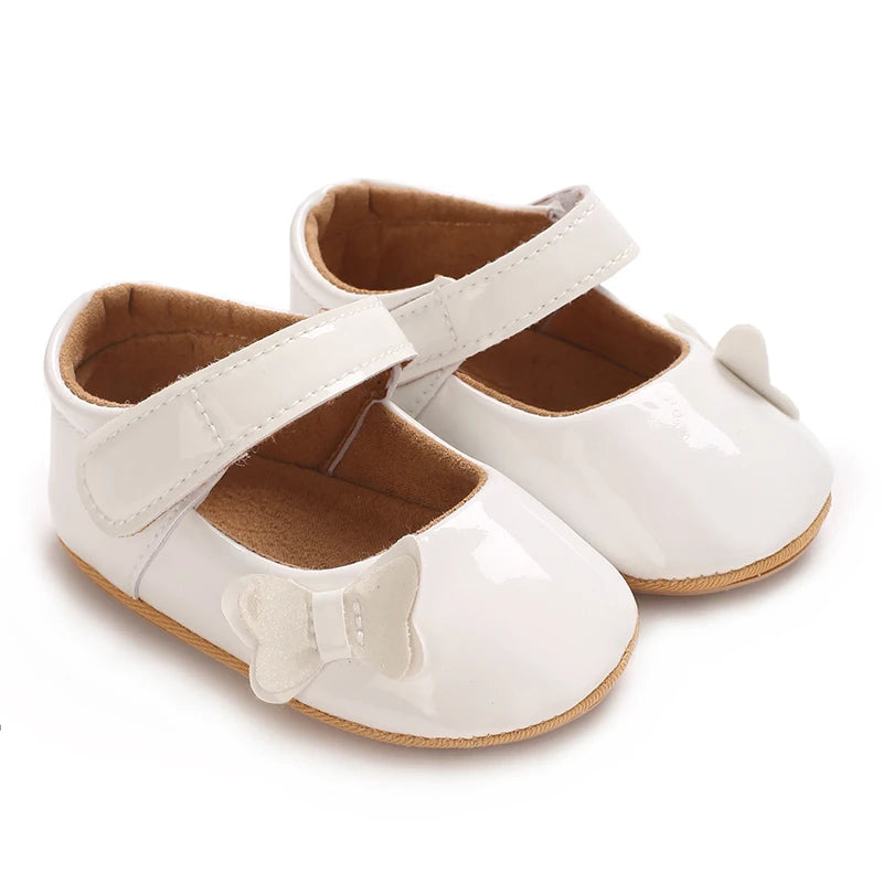 VALEN SINA 0-18 Months Newborn Girl White Shoes With Bow Non-slip Rubber Soft-Sole Flat PU First Walker Mary Janes