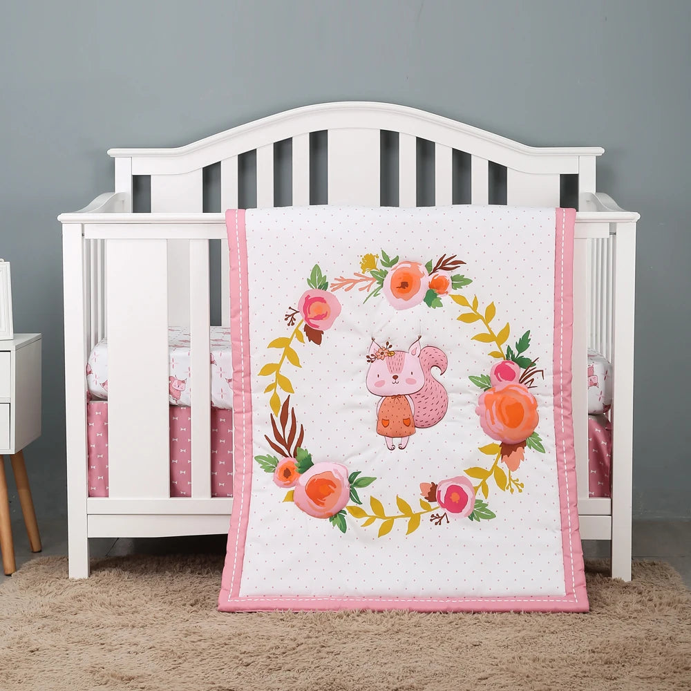 3pcs micro fiber brushed Baby Crib Bedding Set swan and flower design for Girls hot sale including quilt, crib sheet, crib skirt