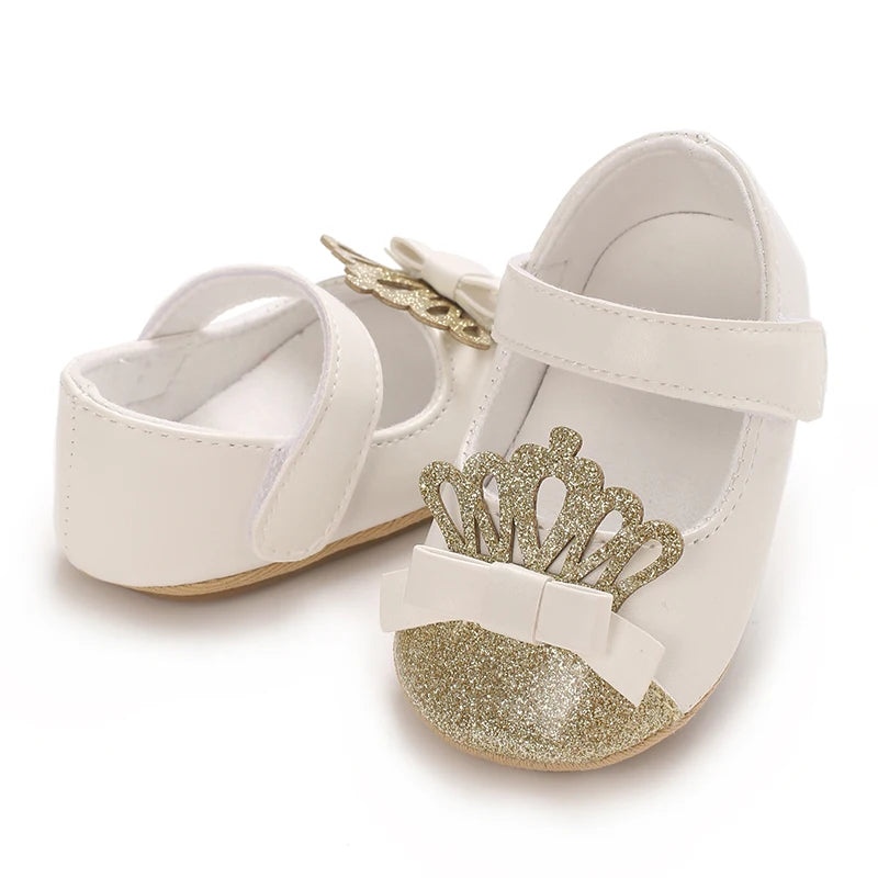VALEN SINA 0-18 Months Newborn Girl White Shoes With Bow Non-slip Rubber Soft-Sole Flat PU First Walker Mary Janes