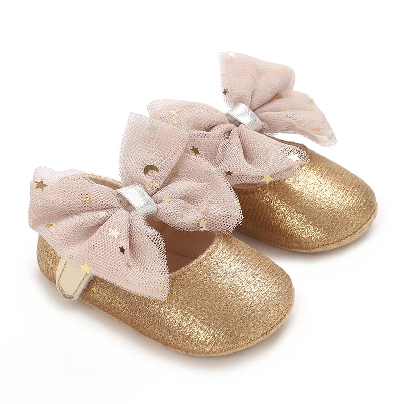 Golden 0-18M Baby Girl Shoes Cute Bow Flat Shoes Soft Sole Newborn Princess Walker Sandals Formal Baby Shoes
