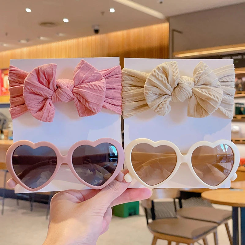 2 Pcs/Set Heart Circle Edge UV400 Sunglasses Cute Colorful Soft Bowknot Wide Hairbands Headwear Set Lovely Kids Hair Accessories
