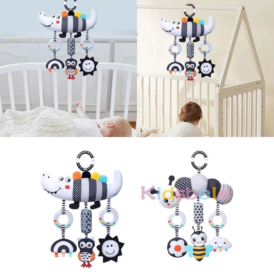 Baby Stroller Spiral with Rattle Crinkle Black White High Contrast Infant Hanging Toy for Car Seat Crib Rail Sensory Development