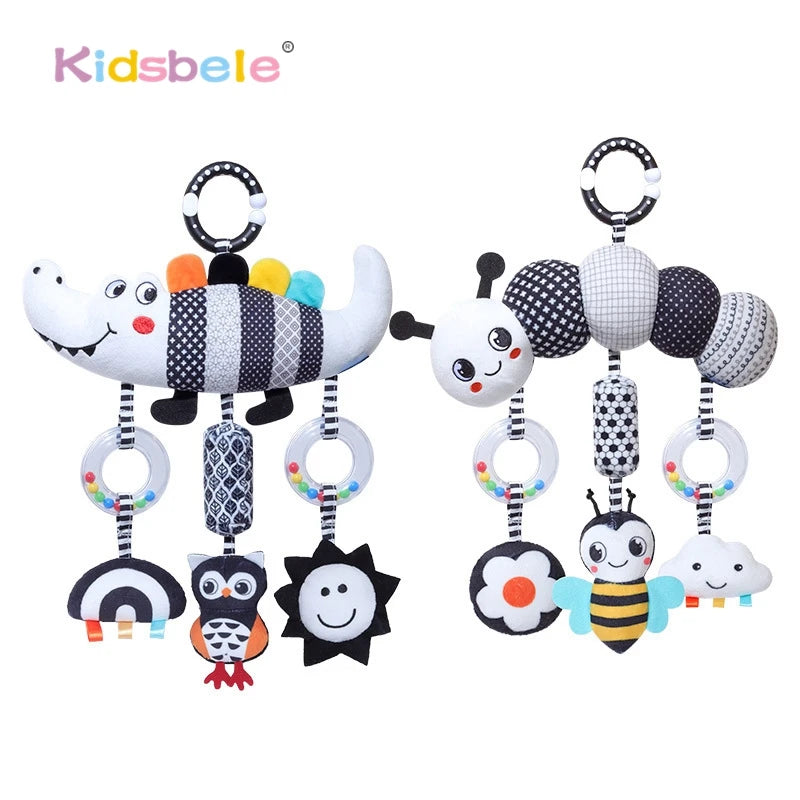 Baby Stroller Spiral with Rattle Crinkle Black White High Contrast Infant Hanging Toy for Car Seat Crib Rail Sensory Development