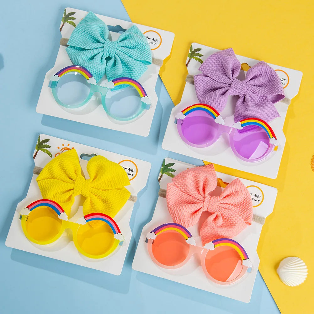 2Pcs/Set Rainbow Baby Sunglasses Bullet Bow Elastic Nylon Hair Bands Kids Boys Girls Cute Sun Glasses Photography Props