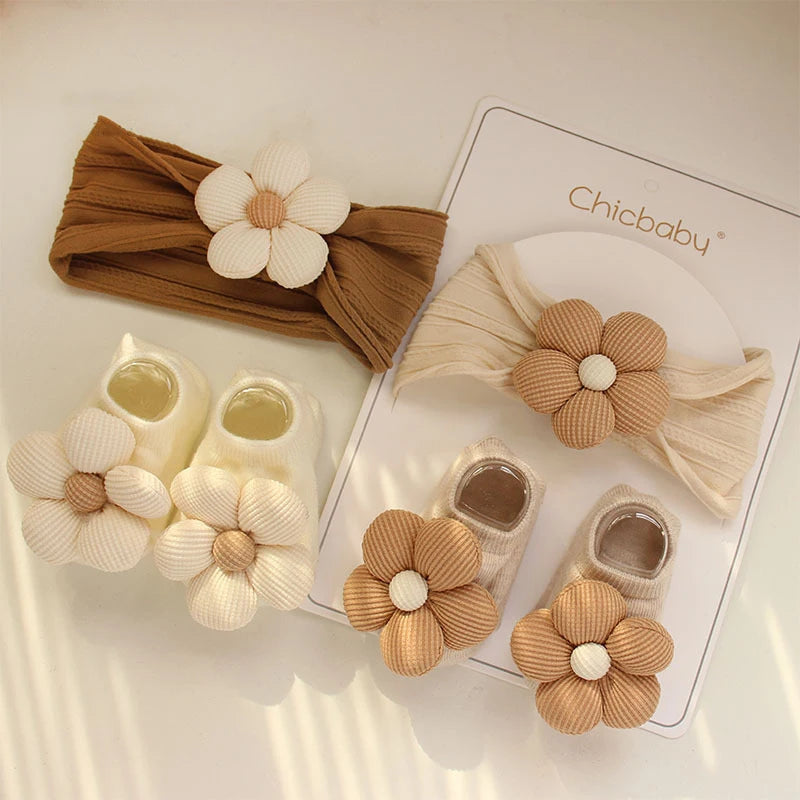 2Pcs/Set Flower Baby Girl Headband Socks Set Infant Soft Nylon Hair Band Newborn Boat Socks Sweet Princess Baby Hair Accessories