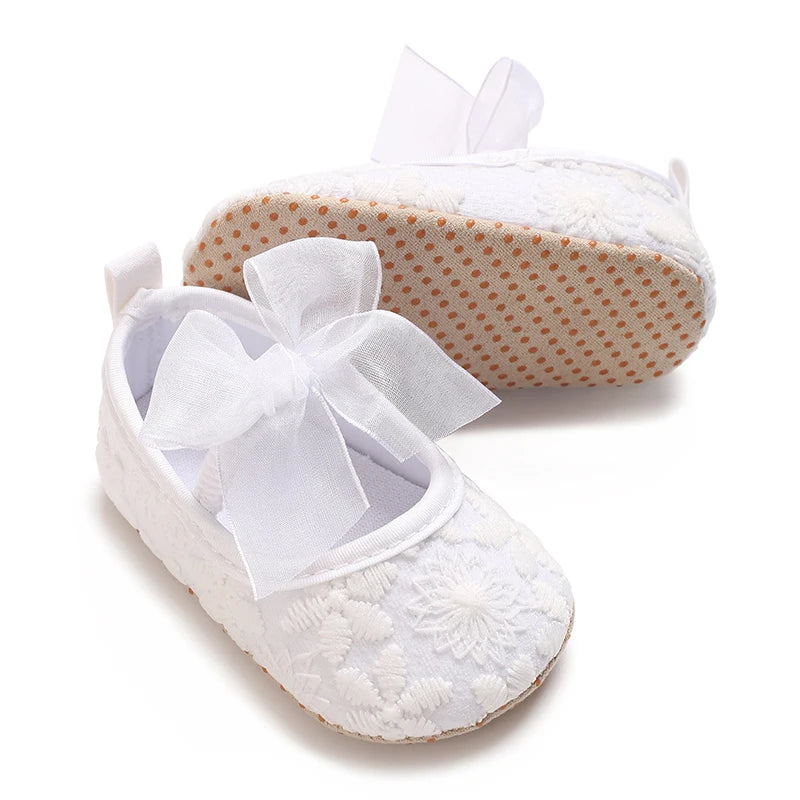VALEN SINA 0-18 Months Newborn Girl White Shoes With Bow Non-slip Rubber Soft-Sole Flat PU First Walker Mary Janes