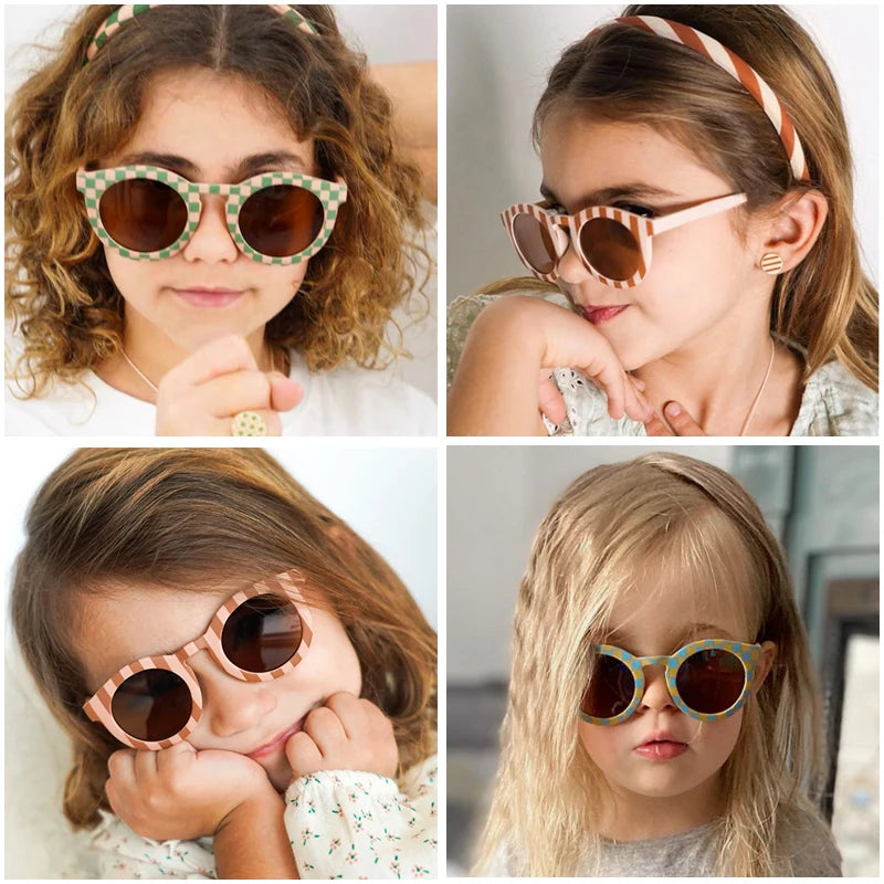 New Kids Cute Checker Panel Color Round UV400 Eyeglasses Baby Girls Outdoor Sun Protection Sunglasses Children Glasses