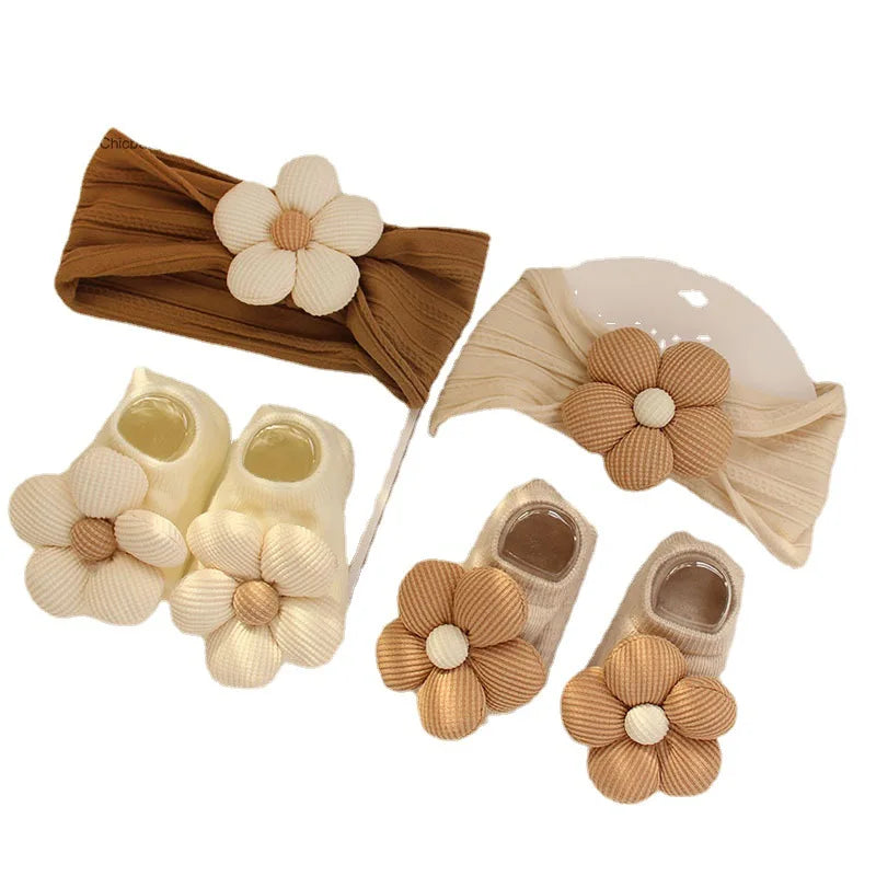 2Pcs/Set Flower Baby Girl Headband Socks Set Infant Soft Nylon Hair Band Newborn Boat Socks Sweet Princess Baby Hair Accessories