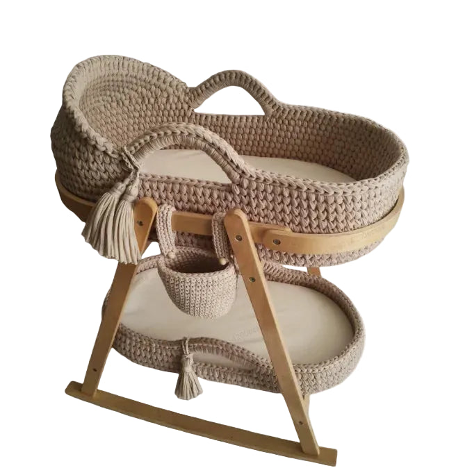 Luxury Baby Cradle Handwoven Crochet Bassinet Portable Moses Basket Newborn Lounger with Wooden Stand and Soft Mattress