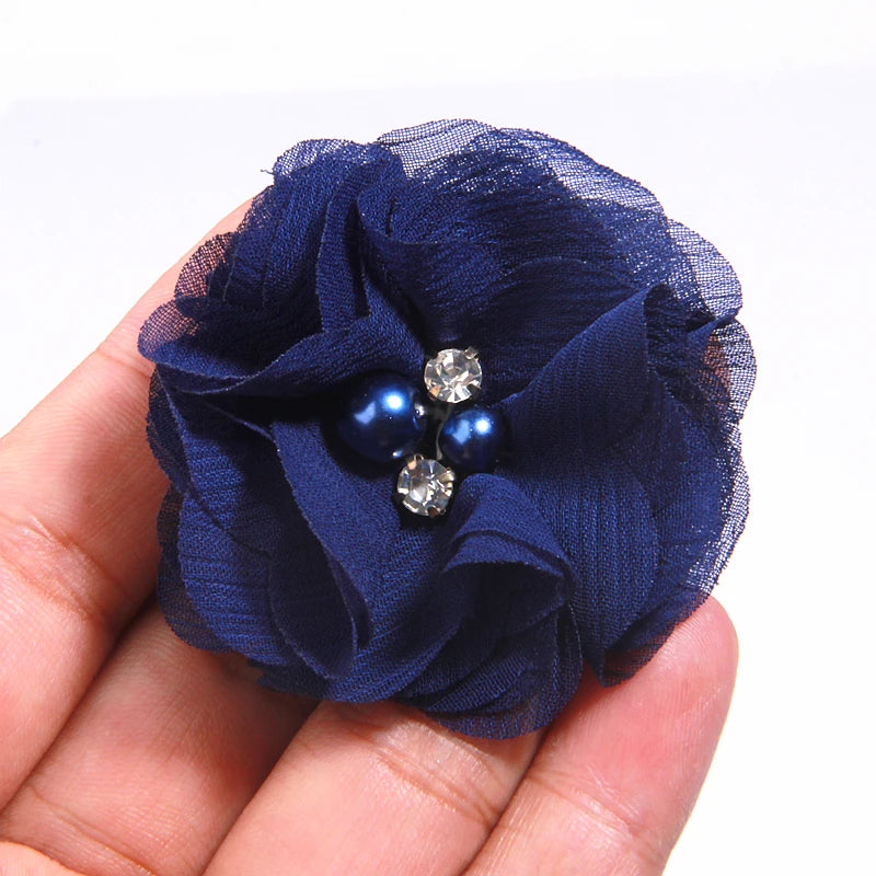 10PCS 2" 35 Colors Cute Chic Chiffon Flowers With Rhinestone Pearl Fabric Hair Flower With Clips For Girls Hair Accessories