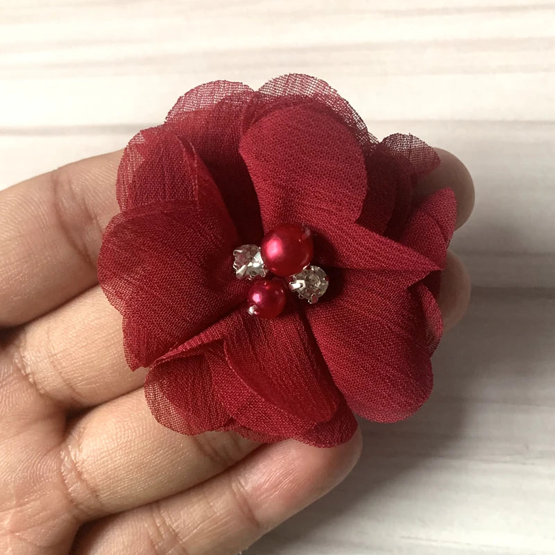 10PCS 2" 35 Colors Cute Chic Chiffon Flowers With Rhinestone Pearl Fabric Hair Flower With Clips For Girls Hair Accessories