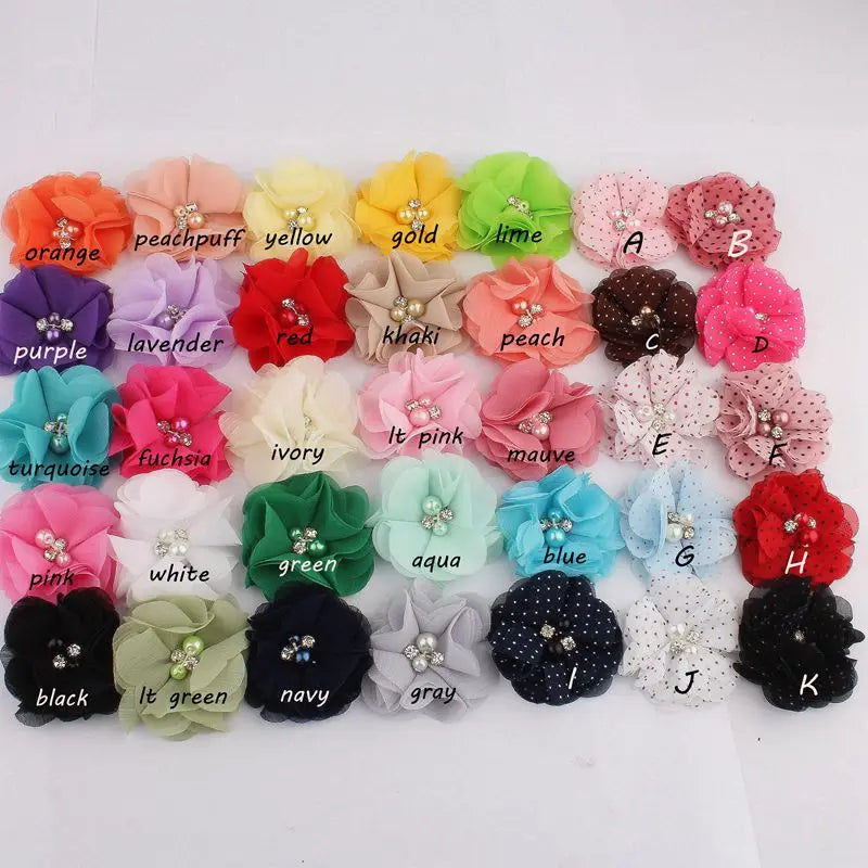 10PCS 2" 35 Colors Cute Chic Chiffon Flowers With Rhinestone Pearl Fabric Hair Flower With Clips For Girls Hair Accessories