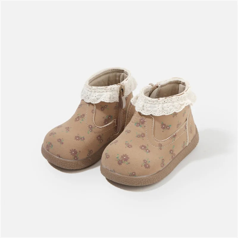 Autumn Baby Boots Leather Cute Flower Lace Princess Girls Shoes Kids Ankle Boots Fashion Toddler Baby Boots