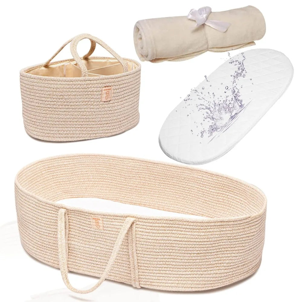 Trendy Baby Changing Basket Set 4 Pcs with Waterproof Pad Cover Diaper Organizer Cotton Blanket Moses Basket Nursery Decor