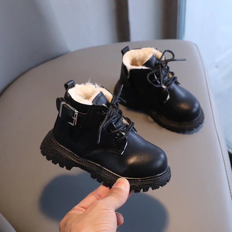 Baby Kids Short Boots Fashion Toddler Girls Booties Kids Snow Boots Winter Plush Children Waterproof Leather Boots