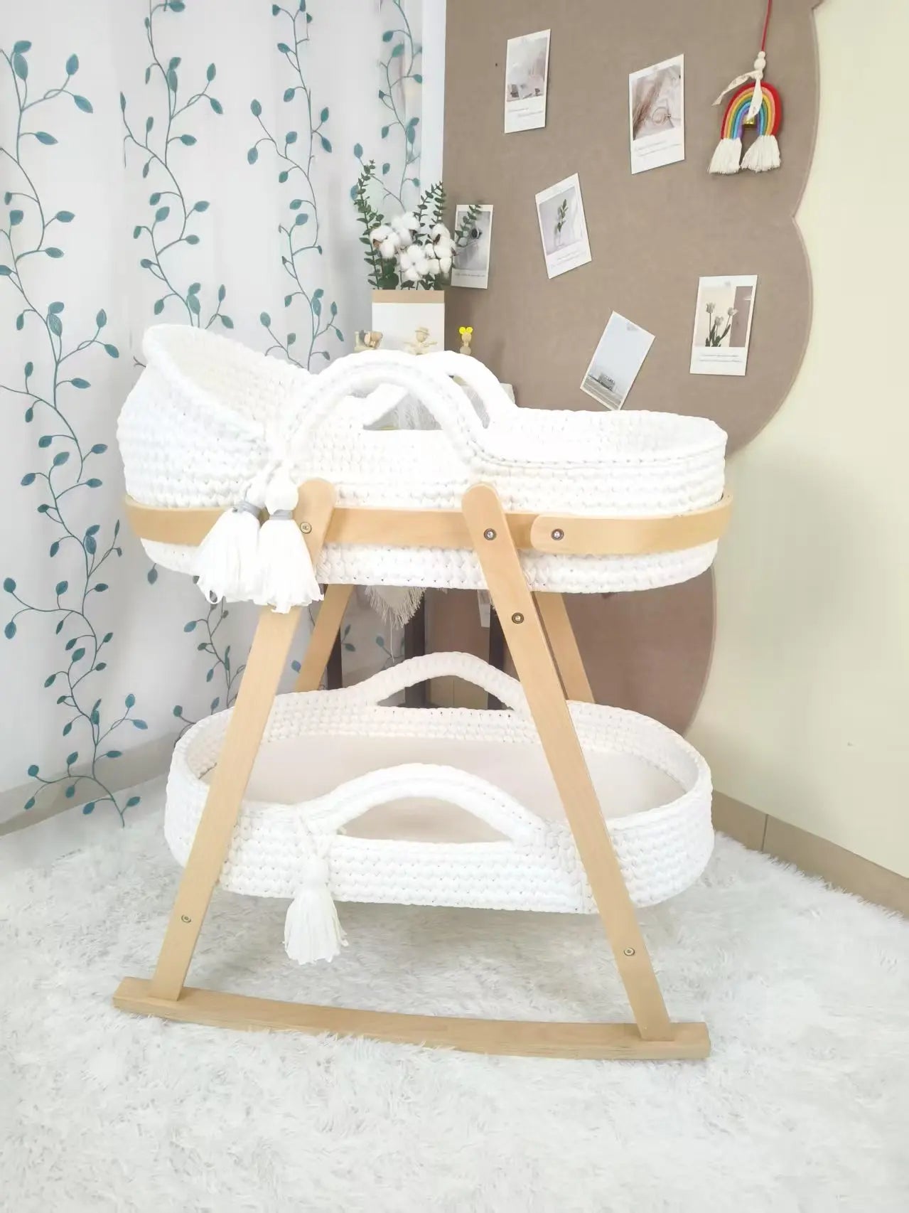Baby Cradle Handwoven Beige Crochet Bassinet Portable Moses Basket Newborn Lounger with Wooden Stand and Soft Mattress