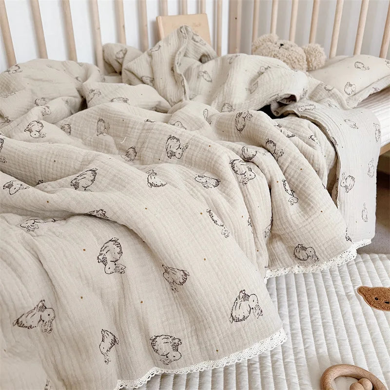 Bunny Print Cotton Muslin Quilt for Winter Autumn Baby Crib Quilts Blanket Toddler Comforter Newborn Sleeping Cover