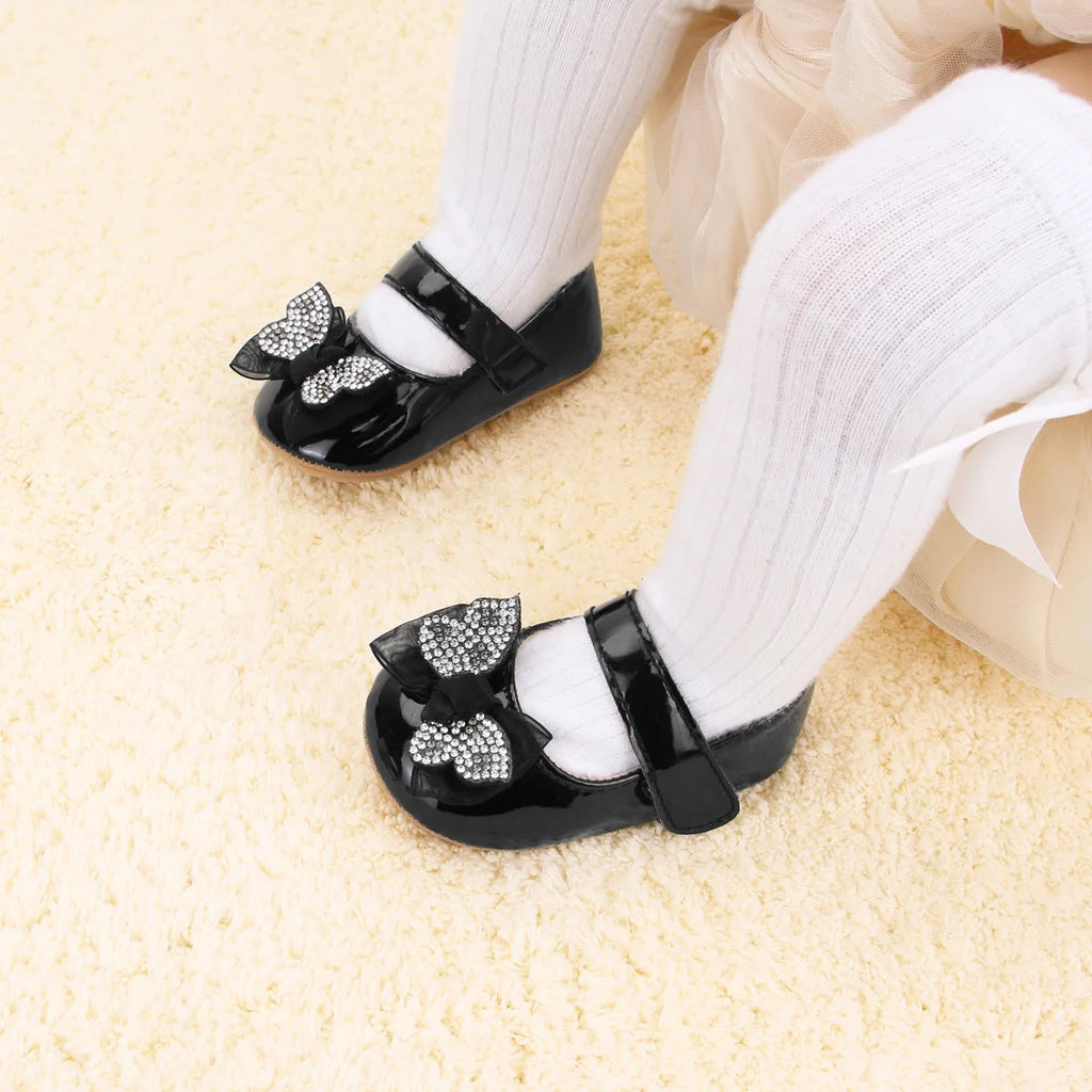 Casual Cute Rhinestone Bowknot Decor Mary Jane Shoes For Baby Girls, Lightweight Non-slip Walking Shoes For Spring And Autumn