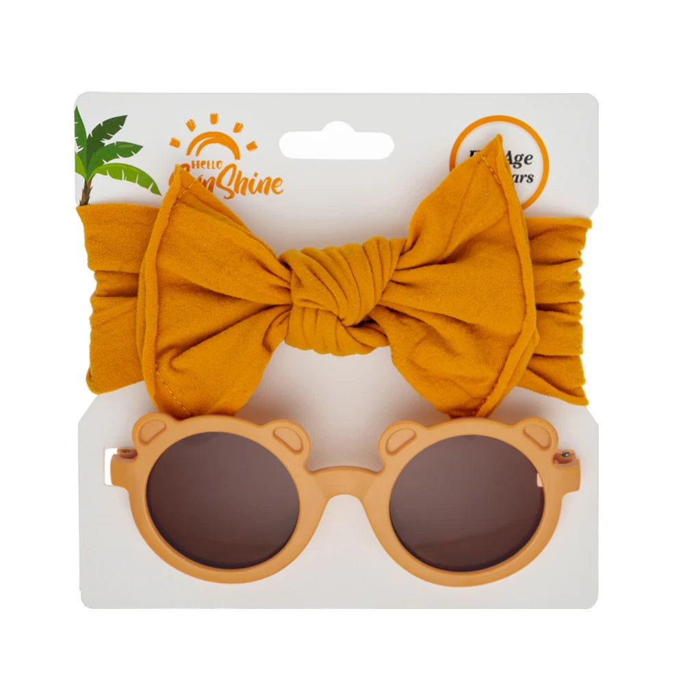 2Pcs/Set Bear Baby Sunglasses High Elastic Nylon Bow Headbands Color Round Frame Polarized Sun Protection Glasses Kids Eyewear