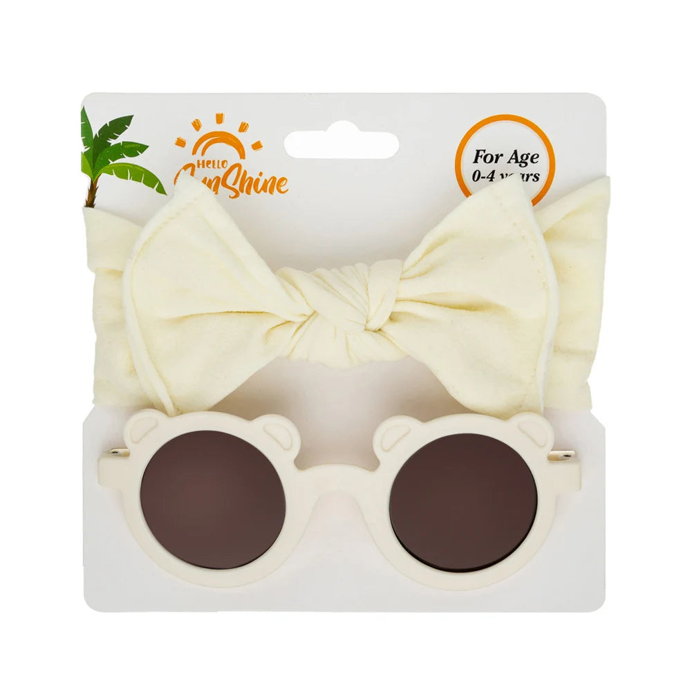 2Pcs/Set Bear Baby Sunglasses High Elastic Nylon Bow Headbands Color Round Frame Polarized Sun Protection Glasses Kids Eyewear