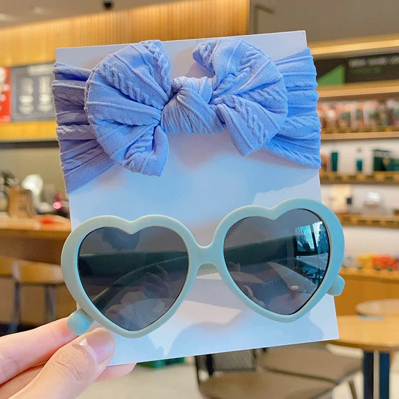 2 Pcs/Set Heart Circle Edge UV400 Sunglasses Cute Colorful Soft Bowknot Wide Hairbands Headwear Set Lovely Kids Hair Accessories