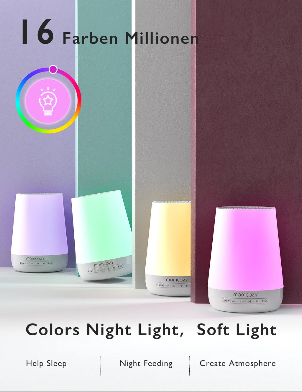 Momcozy Baby White Noise Sound Machine for Baby Sleeping, Night Light, 34 Soothing Sounds, Timer, App Remote Control,Alarm Clock