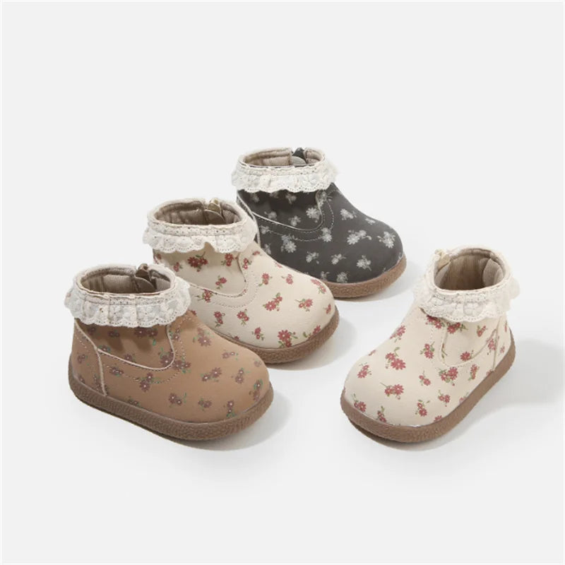 Autumn Baby Boots Leather Cute Flower Lace Princess Girls Shoes Kids Ankle Boots Fashion Toddler Baby Boots