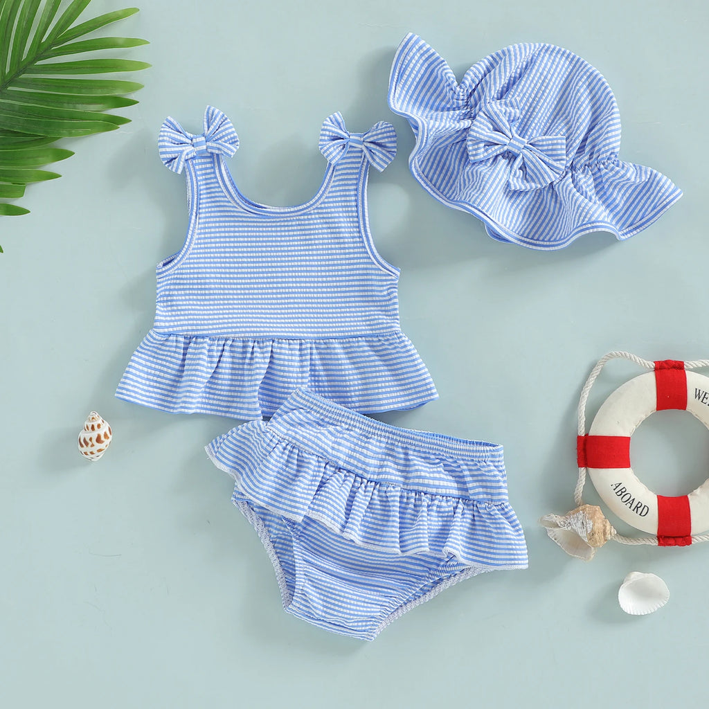 Adorable Infant Romper Stylish Sleeveless Swimsuit with Matching Hat 3Pcs Outfit Set