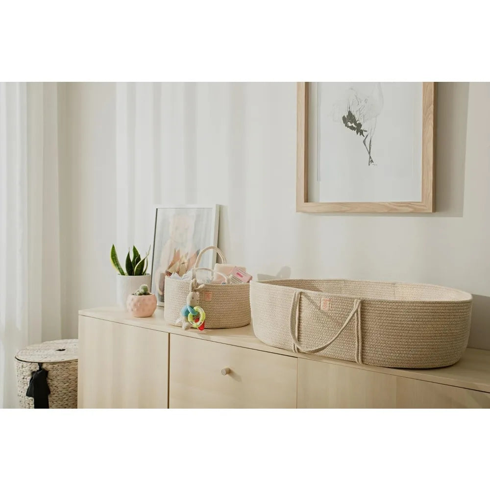 Trendy Baby Changing Basket Set 4 Pcs with Waterproof Pad Cover Diaper Organizer Cotton Blanket Moses Basket Nursery Decor